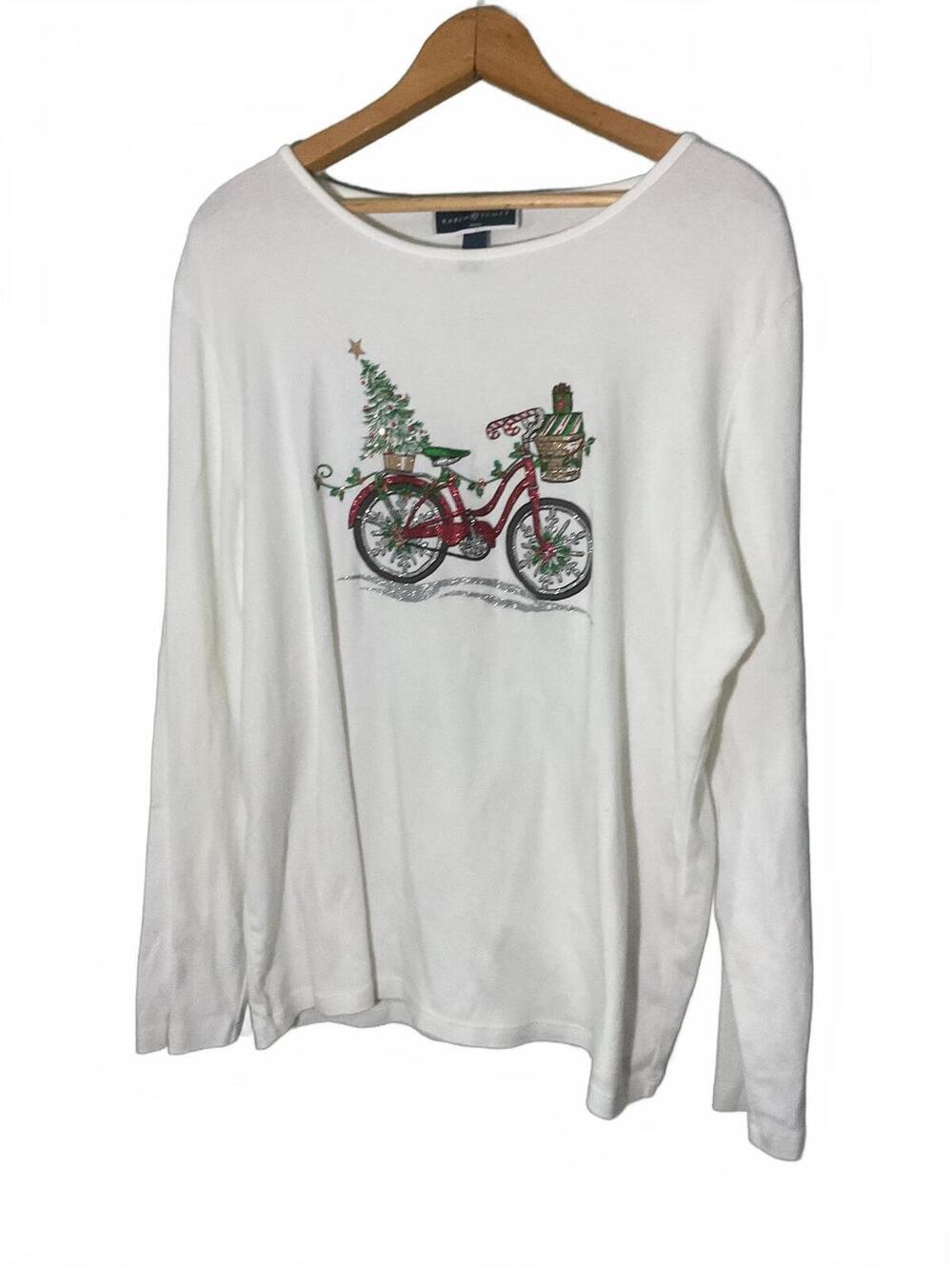 Karen Scott XXL White Long Sleeve Christmas Bicycle T-Shirt